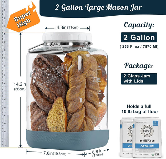 2 Pack 2 Gallon Glass Jar with Airtight Lid, 256 Oz Large Wide Mouth Mason Jar with Non-slip Base & Stainless Steel Handle - Glass Food Storage Containers for Flour, Cereals, Rice and Picking