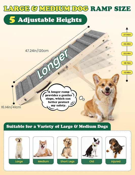 Dog Ramp Dog Stairs for Small Dogs Foldable Dog Ramp with 4 Adjustable Heights from 7.48'' to 15.35" Wood Stairs with Non Slip Carpet Portable Pet Ramp for Couch, Sofa, Low Bed (Natural Wood)