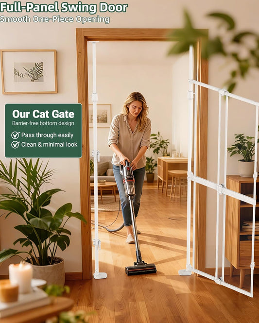 NiceTCU 74.80-98.43'' Extra Tall Cat Gate, Adjustable 33.86-41.34" Wide, Transparent Full Door Pet Gate, Auto Close No Drilling Cat Proof Safety Gate for Doorway Stairs- White