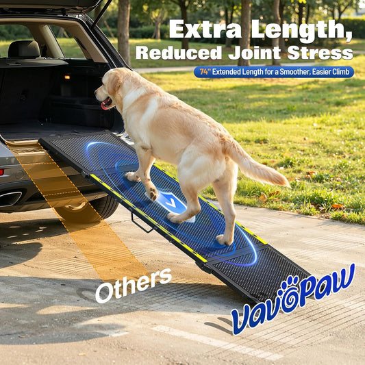 Extra Long Dog Car Ramp, Wide Outdoor Portable Pet Ramp 74" L x 20" W for Large Dogs, Lightweight Non-Slip Mesh Surface Supports Up to 250LBS, Foldable Dog Ramp for SUV, Truck, RV & High Bed, Black
