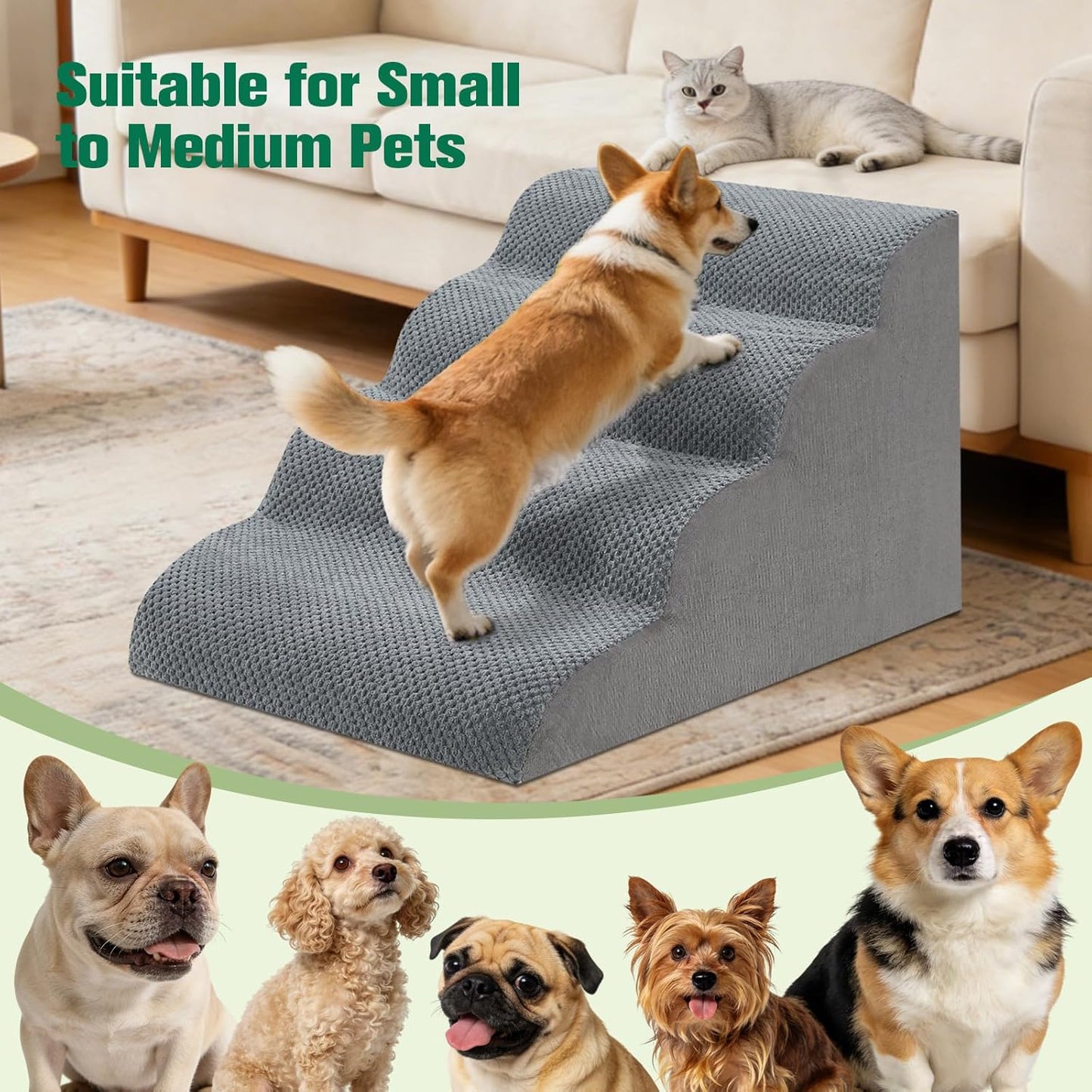 Dog Stairs for Couch, 3 Steps 13.8" H Non-Slip Pet Stair, Balanced Stable Pet Ramp for Small Dogs, Indoor Furniture Step, Gray