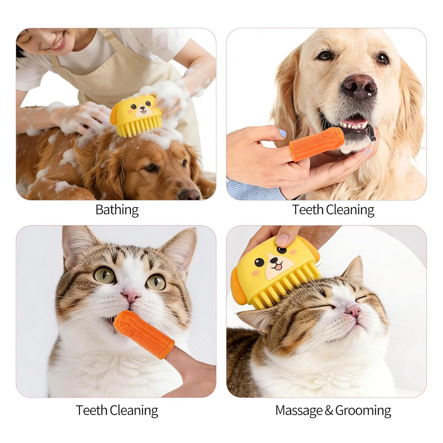 3PCS Pet Grooming Kit – Dog Bath Brush with Soap Dispenser & 2 Finger Toothbrushes | Silicone Dog Shampoo Brush for Small Medium Large Dogs, Soft Deshedding Massage Brush for Puppy & Cats