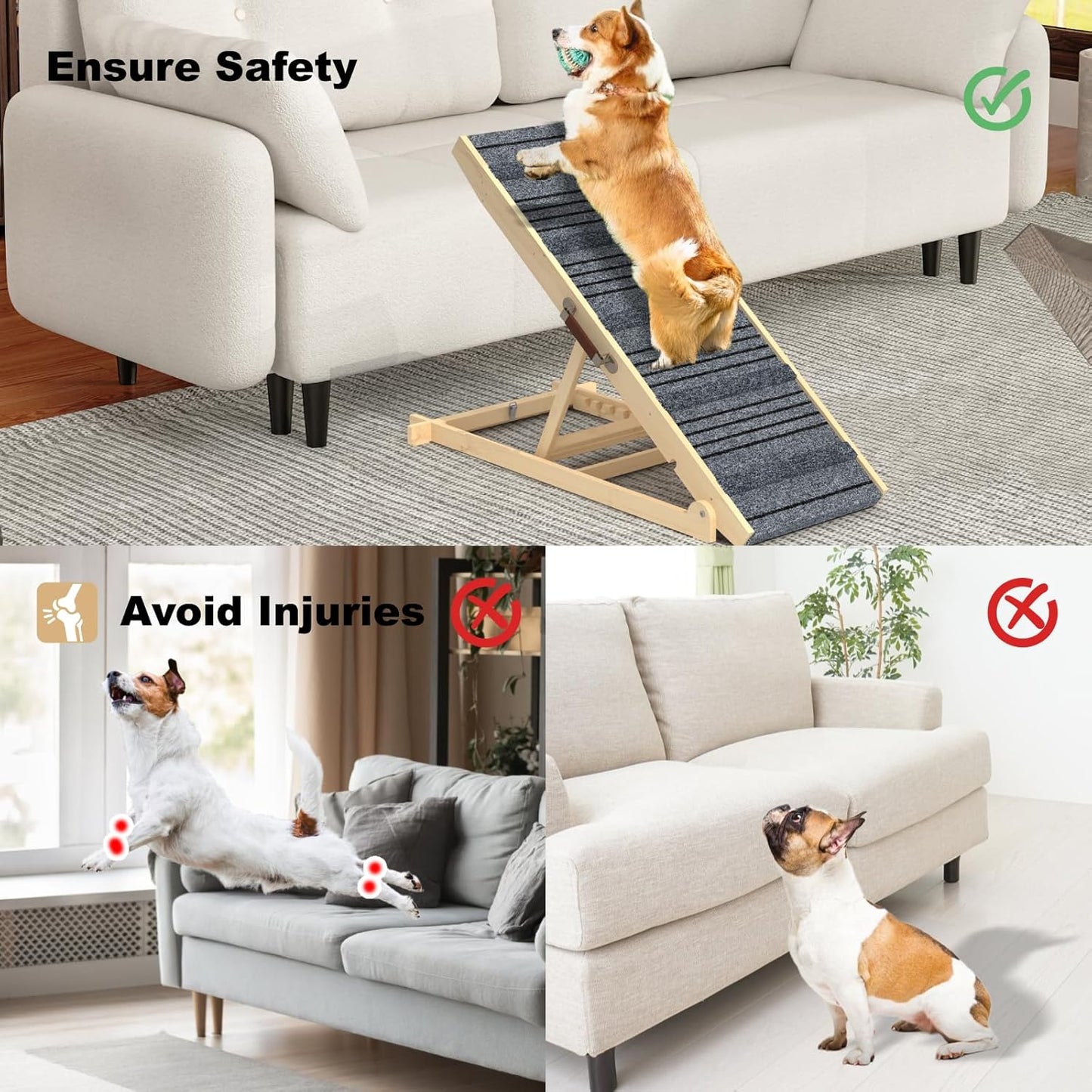 TIMHAKA Dog Ramp for Bed, 40 Inch Dog Ramp for Couch, Supports Up to 150lbs, with 10.2" to 26.8" 7 Height Setting, Non Slip Carpet Surface and Foot Pads, Wooden Folding Pet Ramps for High Bed, Sofa