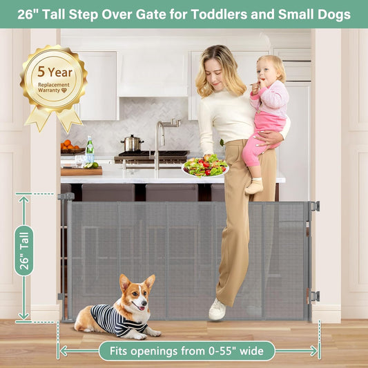 Reinforced 26 Inch Tall Retractable Child Gate to Step Over 55" Wide Small Retractable Baby Gates for Stair Retractable Dog Gate Short Mesh Dog Gate Retractable Toddler Gates for Doorways Doggy Gate