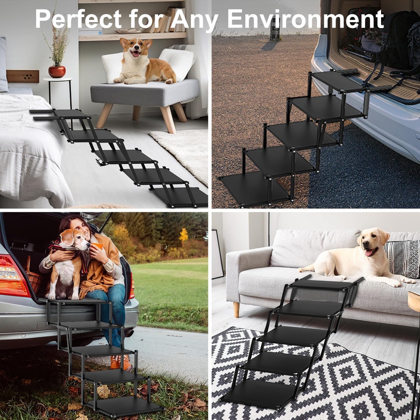 Extra Wide 5 Steps Dog Stairs for Large Dogs, Foldable DogRamp for Car with Non-Slip Surface, Pet Stairs DogStairs for car, Dog Steps for Cars, SUV, High Beds, Truck, Supports up to 250 lbs