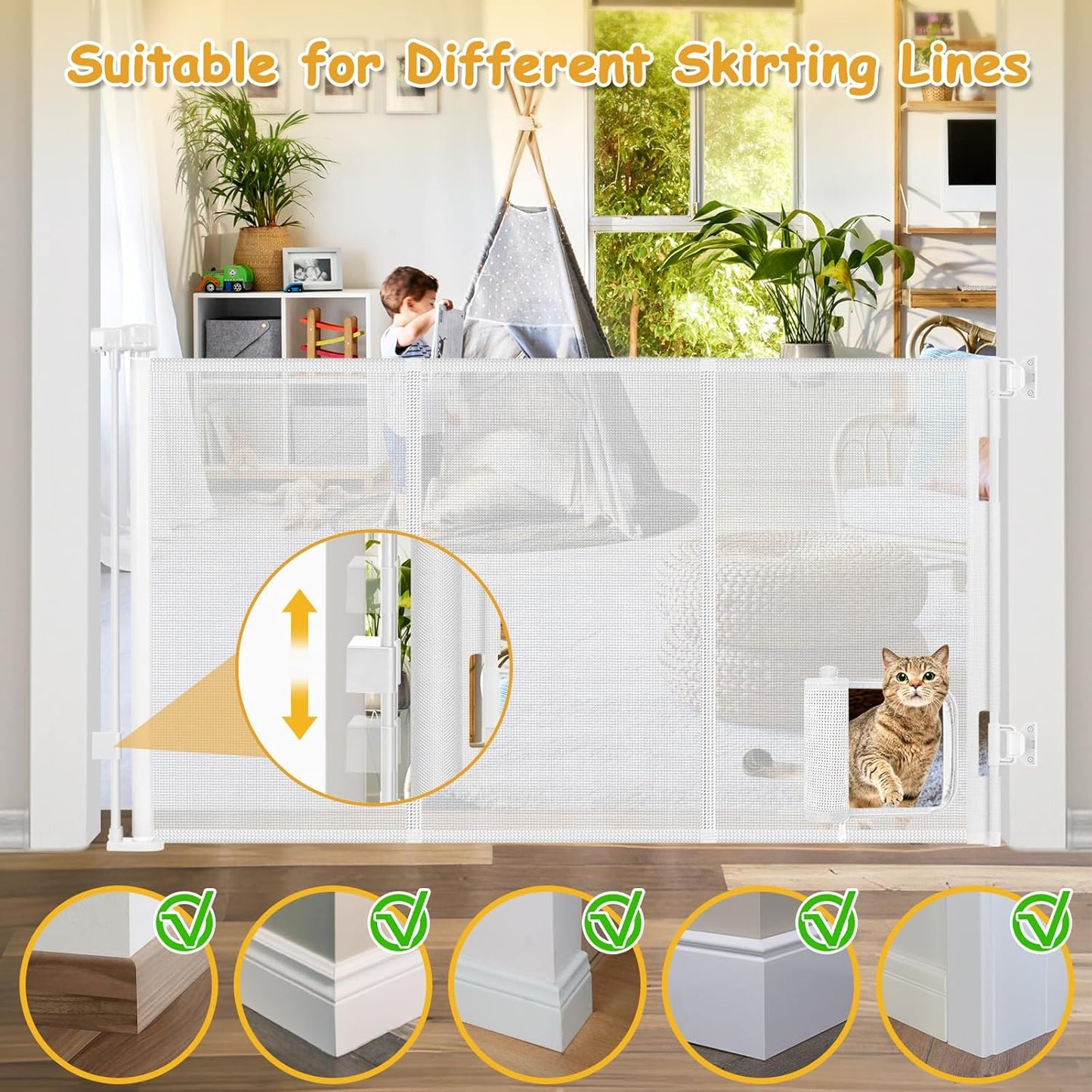 Reinforced 60” Wide Retractable Dog Gate with Cat Door Gates for Pets with Reinforced Strips 33” Tall Mesh Baby Gate Retractable Pet Gates for Dogs Indoor with Door Cats Can in and Out Freely, Gray