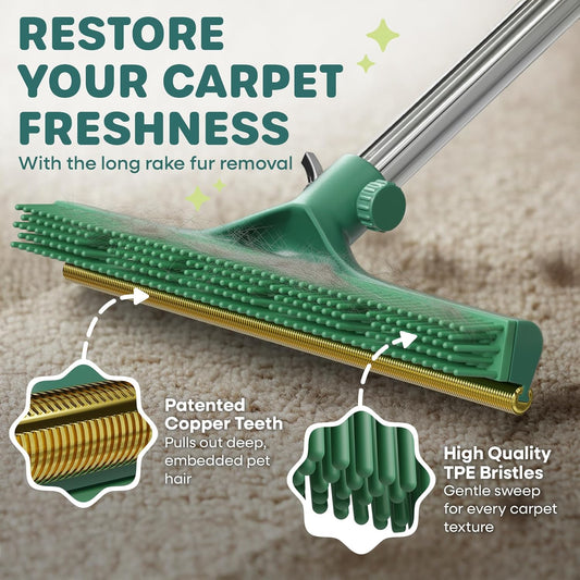 Carpet Rake for Pet Hair Removal, 60” Long Handle – Heavy-Duty Pet Hair Remover for Carpets, Rugs & Mats Cat Dog Fur Rakes Scraper Carpet Broom for Carpets with Copper Teeths