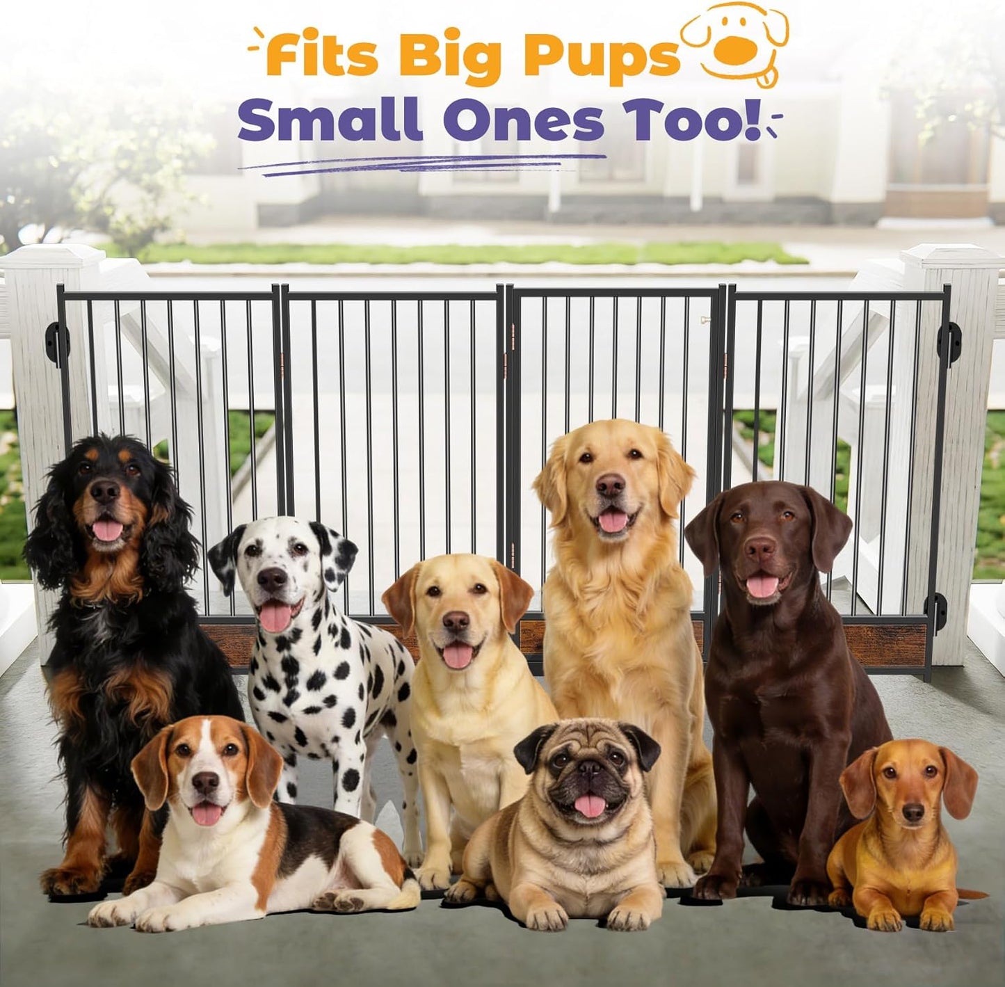 Freestanding Short Dog Gate, 16" Tall Pet Gate Indoor with Support Feet Easily Step Over, 4 Panel Metal Wood Foldable Pet Dog Gate, Up to 48" Wide Puppy Fence, Puppy Gate for for Doorway&Hallway Black