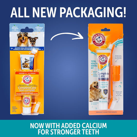 Arm & Hammer Complete Care Dog Dental Kit Enzymatic Toothpaste 2.5 OZ Chicken Flavor Toothbrush Finger Brush Tartar Baking Soda Formula