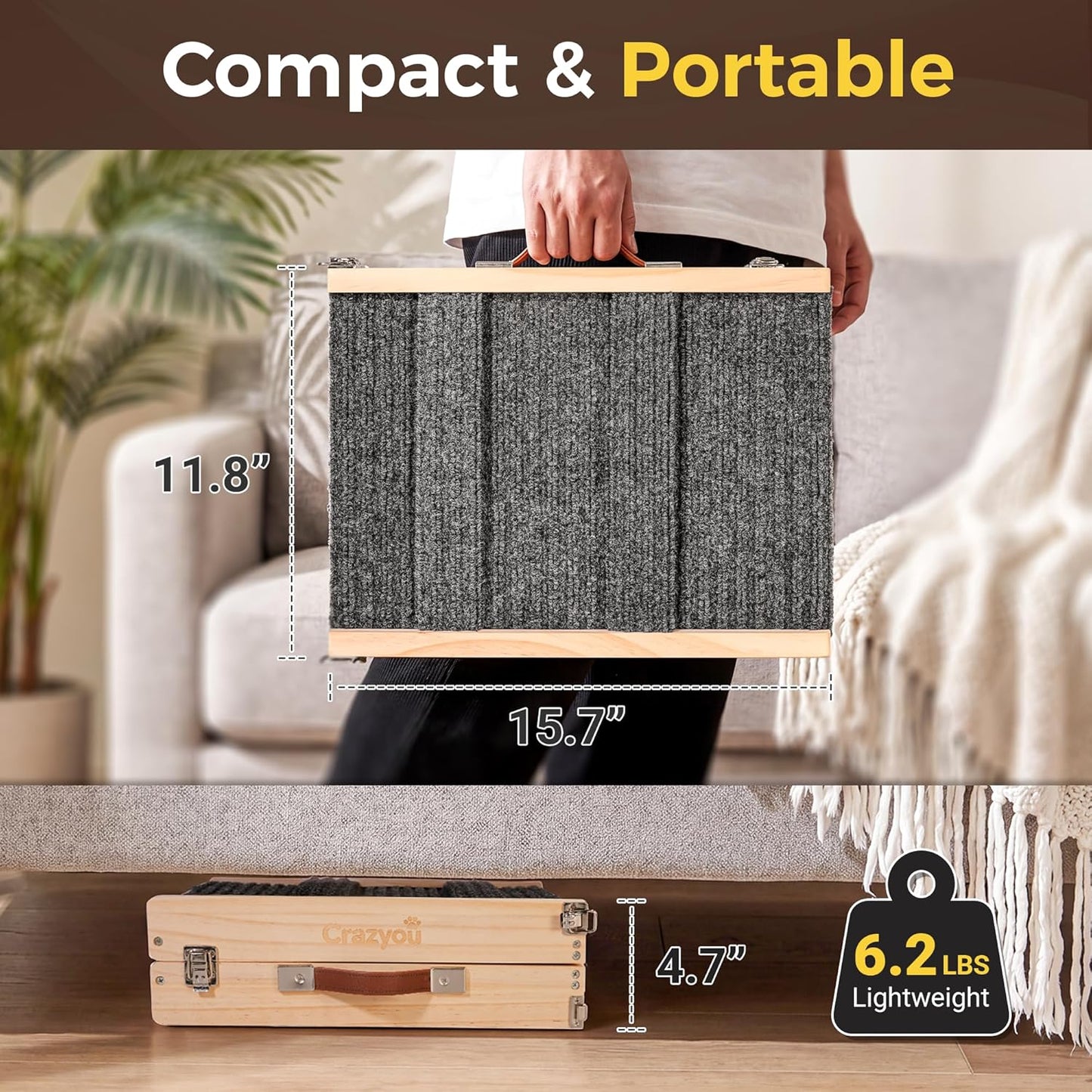 Foldable Dog Ramp for Bed & Couch, Portable Dog Stairs for Small Dogs with 4 Adjustable Heights from 9.25'' to 17.72", Wooden Pet Ramp Steps with Non-Slip Pad for Sofa