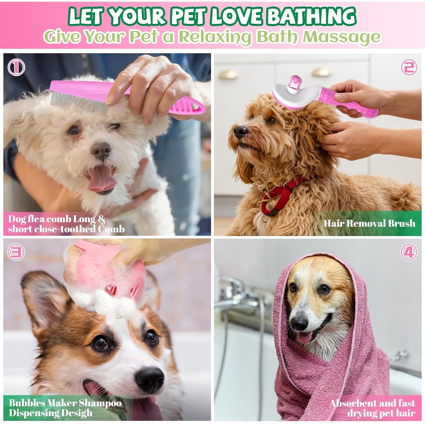 8PCS Dog Slicker Brush for Dogs Grooming Kit,Bath Grooming Kit for Pets,Hair Brush Set with Towel,Washing Gloves,Slicker Comb,and Shampoo Scrubber Brush for Small and Large Dogs and Cats(Blue)