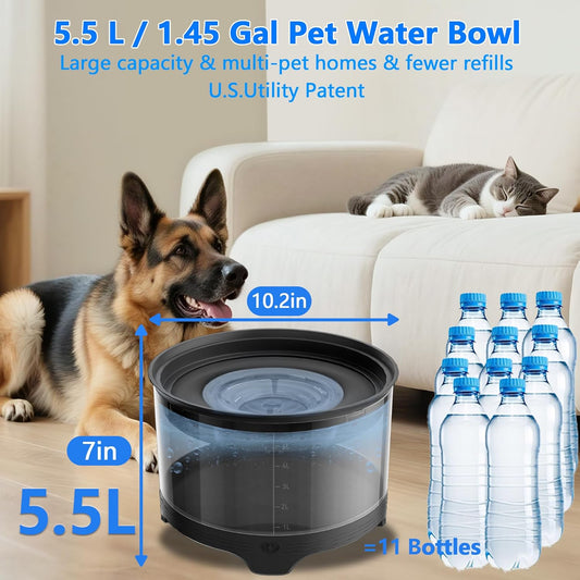 5.5L No Spill Water Bowl for Dogs, 1.45Gallon No Splash Large Dog Water Bowl with Floating Disk, Spill Proof Slow Drinking Dog Bowl for Messy Drinkers and Senior Dogs Indoor/Outdoor Use Gray