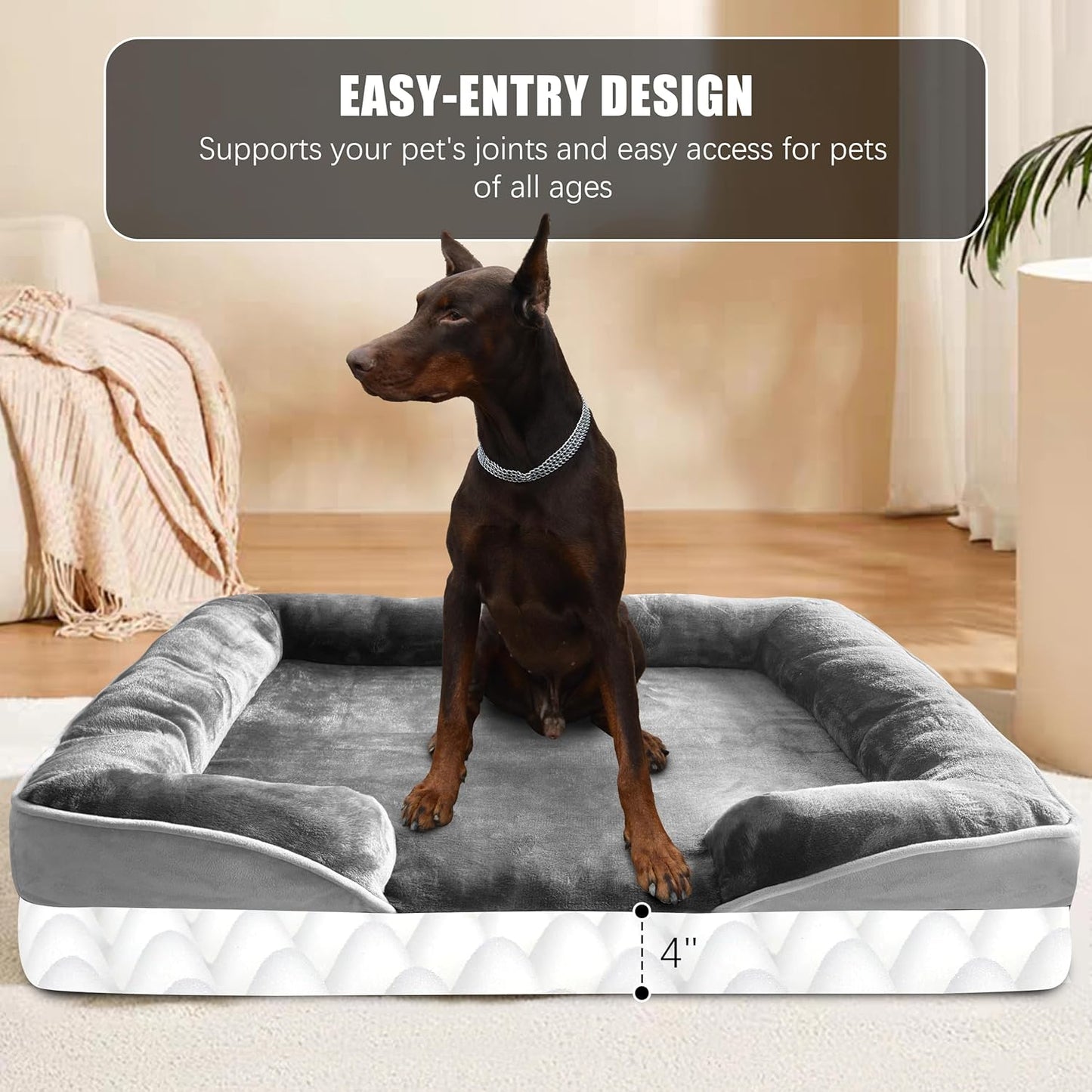Spotted Play Orthopedic Dog Bed with Sides - Dog Sofa Beds for Medium Dogs, Supportive Foam Pet Couch Bed with Washable Removable Cover, Waterproof Lining and Non-Slip Bottom, Grey - M