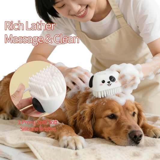 3PCS Pet Grooming Kit – Dog Bath Brush with Soap Dispenser & 2 Finger Toothbrushes | Silicone Dog Shampoo Brush for Small Medium Large Dogs, Soft Deshedding Massage Brush for Puppy & Cats