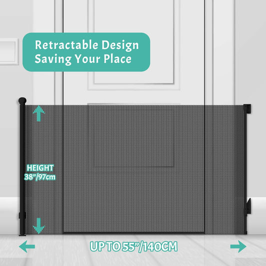 Retractable Baby Gate, Pet Gate for Stairs, Mesh Dog Gate for Doorways, Safety Locking Gates for Baby Indoor, Stair Gate for Outdoor, Hallways, Doorways (Black, 55 inch)