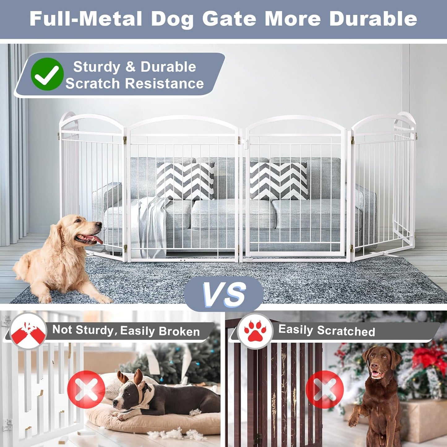 Full Metal Free Standing Dog Gate with Door for Indoor & Outdoor,96'' Extra Wide 32'' Tall Dog Gate for The Doorways,Large Openings,Decks,Porch,Pet Freestanding Safety Fence(4 Panels,Black)