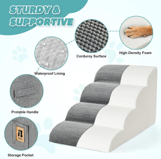 IFNOW Dog Stairs for Small Dogs 15.7''H, 4-Step Sturdy Dog Steps for Bed, Couch, Sofa, Waterproof Pet Stairs for Older Cats, Puppy, Removable Washable Cover, Non-Slip Curved Pet Ramp Indoor, Grey