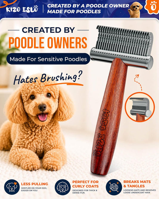 KIZO ESLO Dog Dematting Brush & Undercoat Rake for Doodles, Poodles & Long-Haired Pets, Detangling Comb for Thick Curly Coats, Removes Mats, Knots & Tangles, Stainless Steel Teeth with Wooden Handle