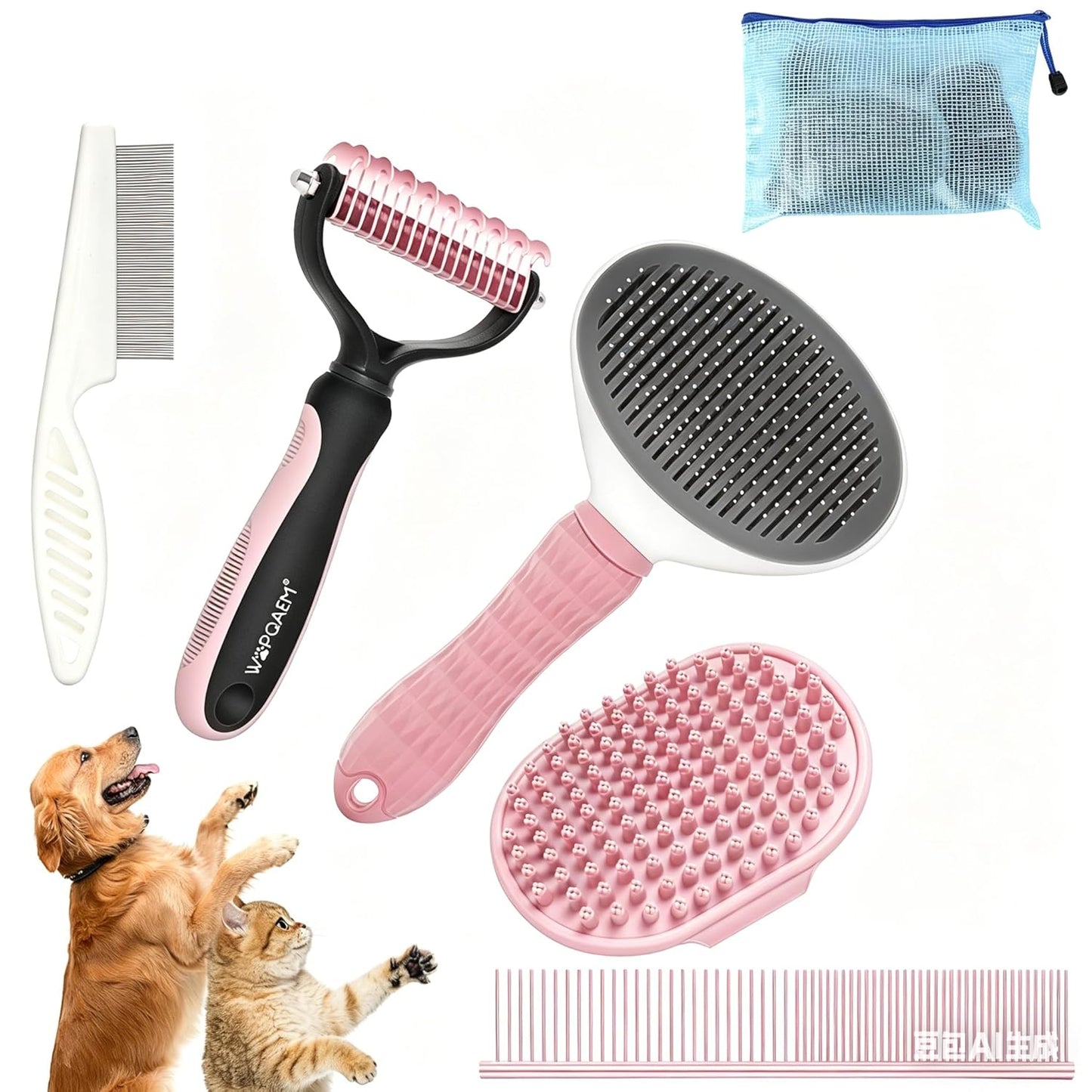 Dog Brush Grooming Kit 5 PCS - Self Cleaning Slicker Brush for Shedding Short Long Haired Dogs & Cats, Includes Pet Comb, Flea Comb, Bath Brush, Undercoat Rake - Complete Fur Care Set - Gray