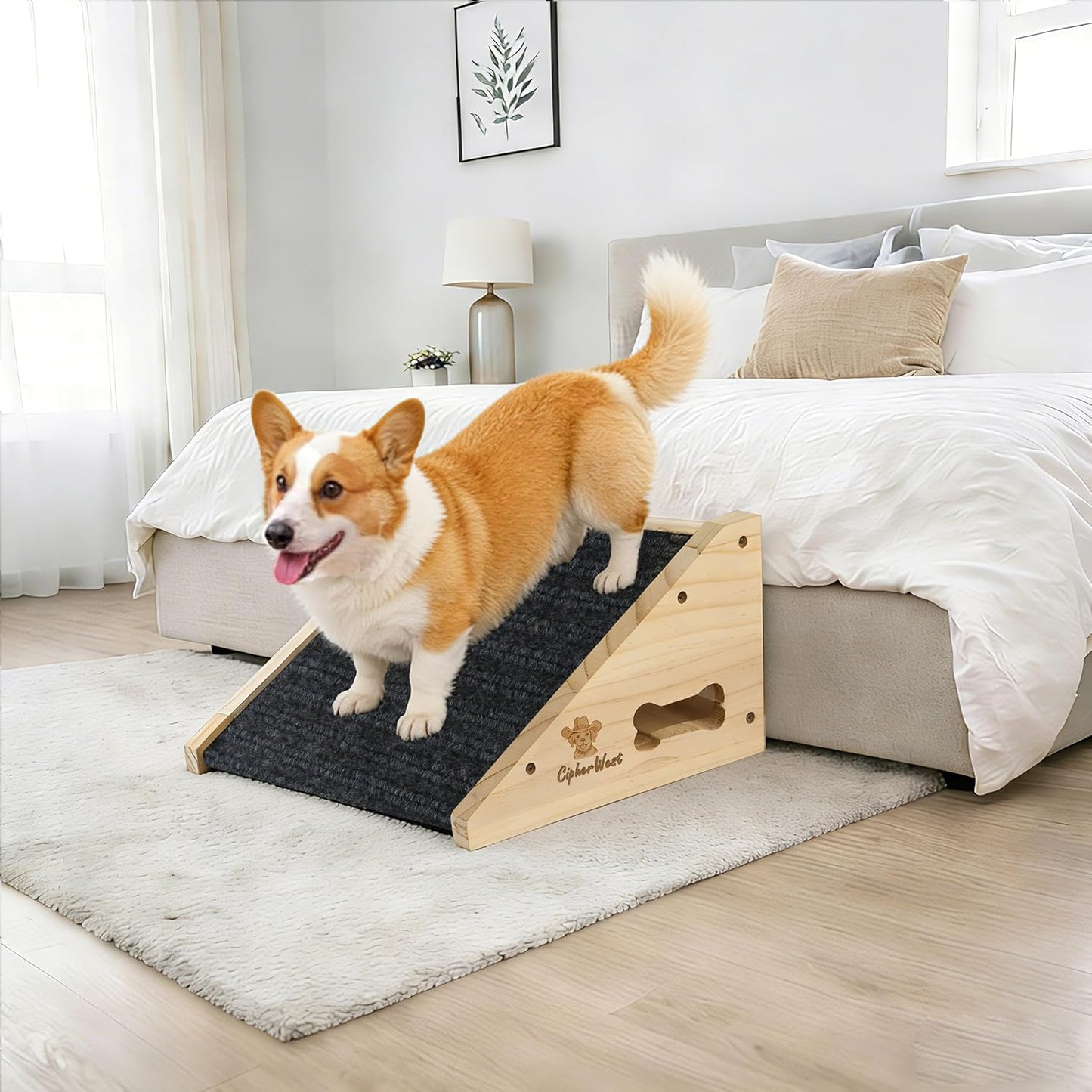 Wooden Dog Ramp for Bed, Sofa - Portable Pet Ramp with Non-Slip Carpet Surface & Bone-Shaped Handle, Senior Dog Stairs for Small Medium Breeds
