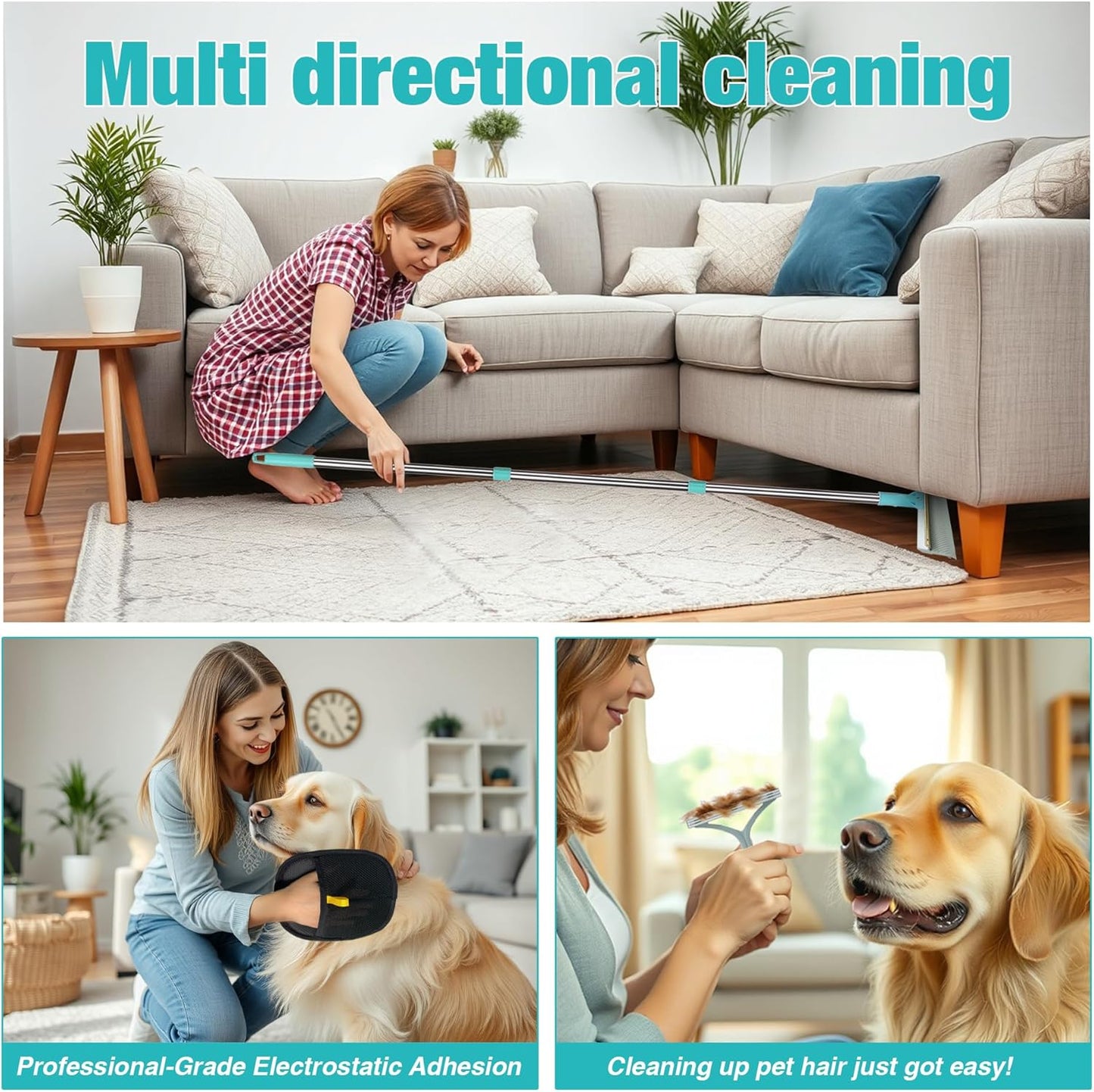 Double-Sided Pet Hair Removal Tool,Adjustable Height Carpet Pet Hair Removal Silicone Broom,Dog Cat Hair Remover Broom for Carpets, Floor Mats,Couch,Floor Squeegee (Blue Carpet Rake)
