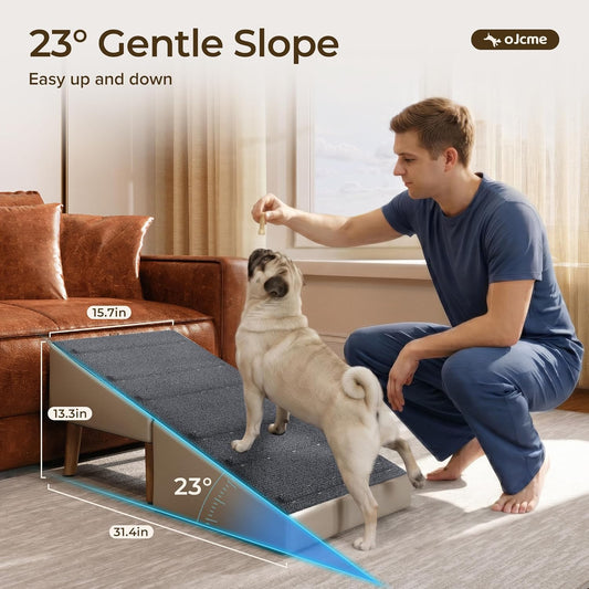 2 in 1 Ottoman Dog Ramp, Split Pet Stairs Footstool for Couch, Folding Dog Ramp Stool with 6 Anti Slip Wooden Rails, Fabric Surface, 4 Leveling Feet, 150 lb Capacity, Easy Clean Faux Leather