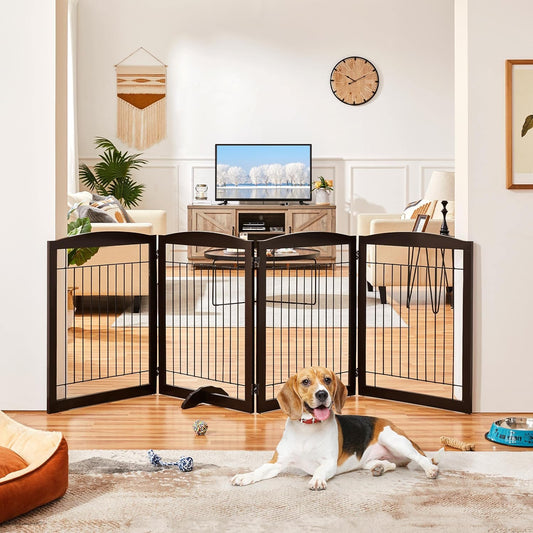 32-inch Tall Dog Gate Extra Wide Pet Gate for Dogs Indoor Foldable Wire & Wooden Puppy Safety Fence w/2 Support Feet,Freestanding Dog Gate for The House, Doorway, Stairs(White,4 Panels)