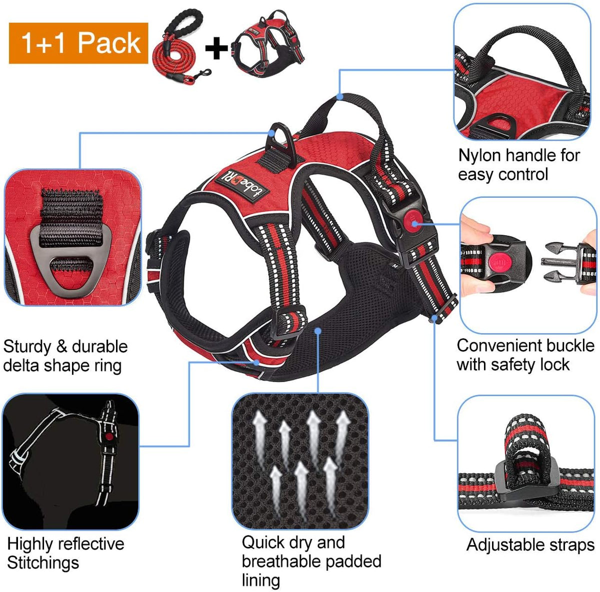 No Pull Dog Harness Adjustable Reflective Oxford Easy Control Medium Large Dog Harness with A Free Heavy Duty 5ft Dog Leash, Blue, L