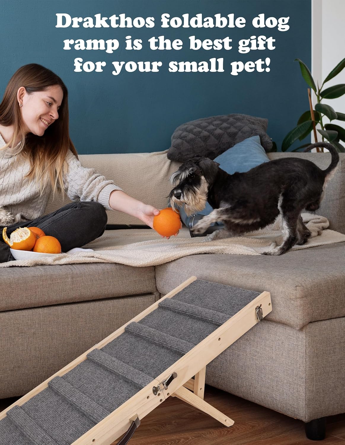 Dog Ramp Dog Stairs for Small Dogs Foldable Dog Ramp with 4 Adjustable Heights from 7.48'' to 15.35" Wood Stairs with Non Slip Carpet Portable Pet Ramp for Couch, Sofa, Low Bed (Natural Wood)