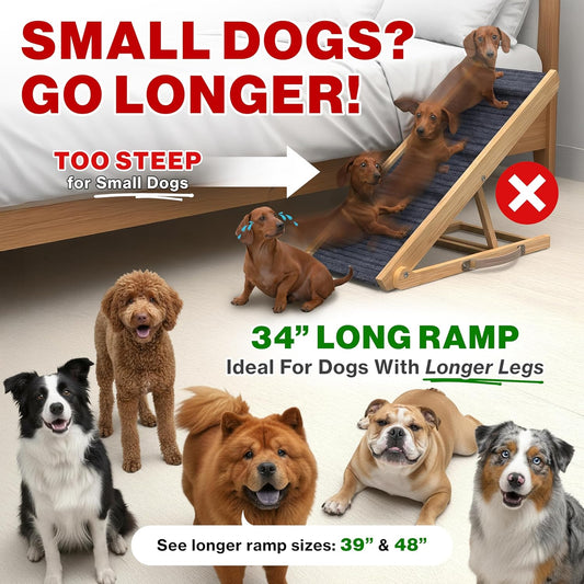 Adjustable Dog Ramp for Bed - 34" Long Foldable Wooden Ramp for Dogs to Get on Bed, Couch, or Car with 12.6" Wide Walking Space (Natural Wood with Gray Carpet)