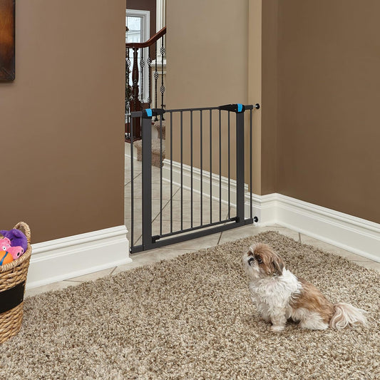 MidWest Homes for Pets 39 Inches Tall Walk-Though Steel Pet Gate, Pressure Mounted Dog Gatewith Glow Strip Measures 29-38 Inches Wide & Includes Two 3-Inch-Wide Extensions, Graphite