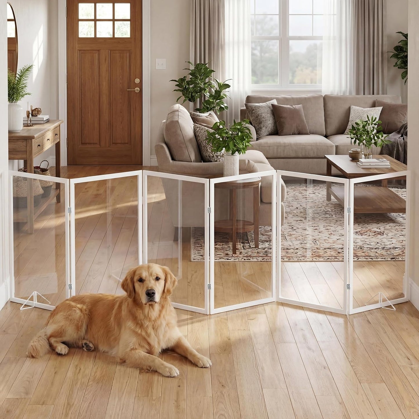 Extra Wide Clear Dog Gate,6 Panel (107.957" W*31.5" Tall) Wooden Dog Gate, Clear Acrylic Pet Gate,Transparent Freestanding Pet Gate for Doorways Stairs