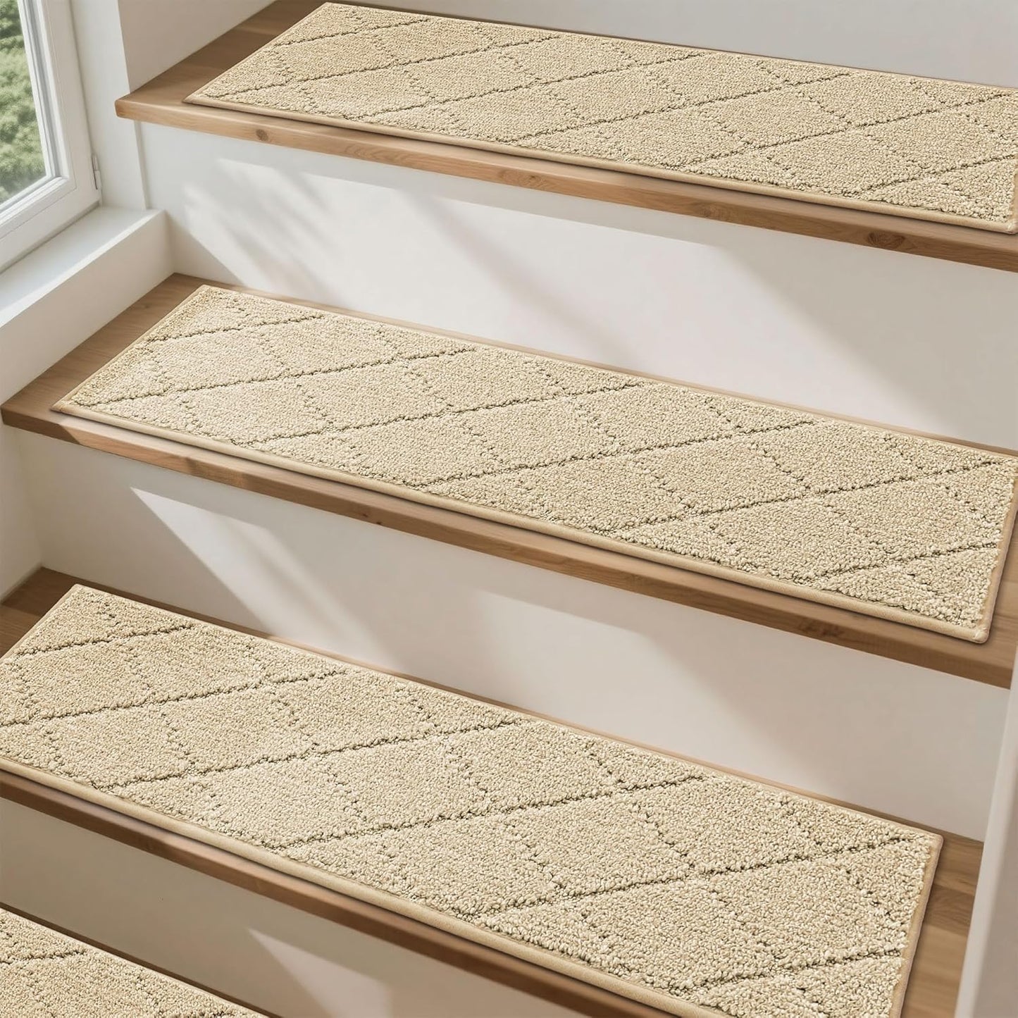 COSY HOMEER Edging Stair Treads Non-Slip Carpet Mat 28inX9in Indoor Stair Runners for Wooden Steps, Edging Stair Rugs for Kids and Dogs, 100% Polyester TPE Backing (7pc, Beige)