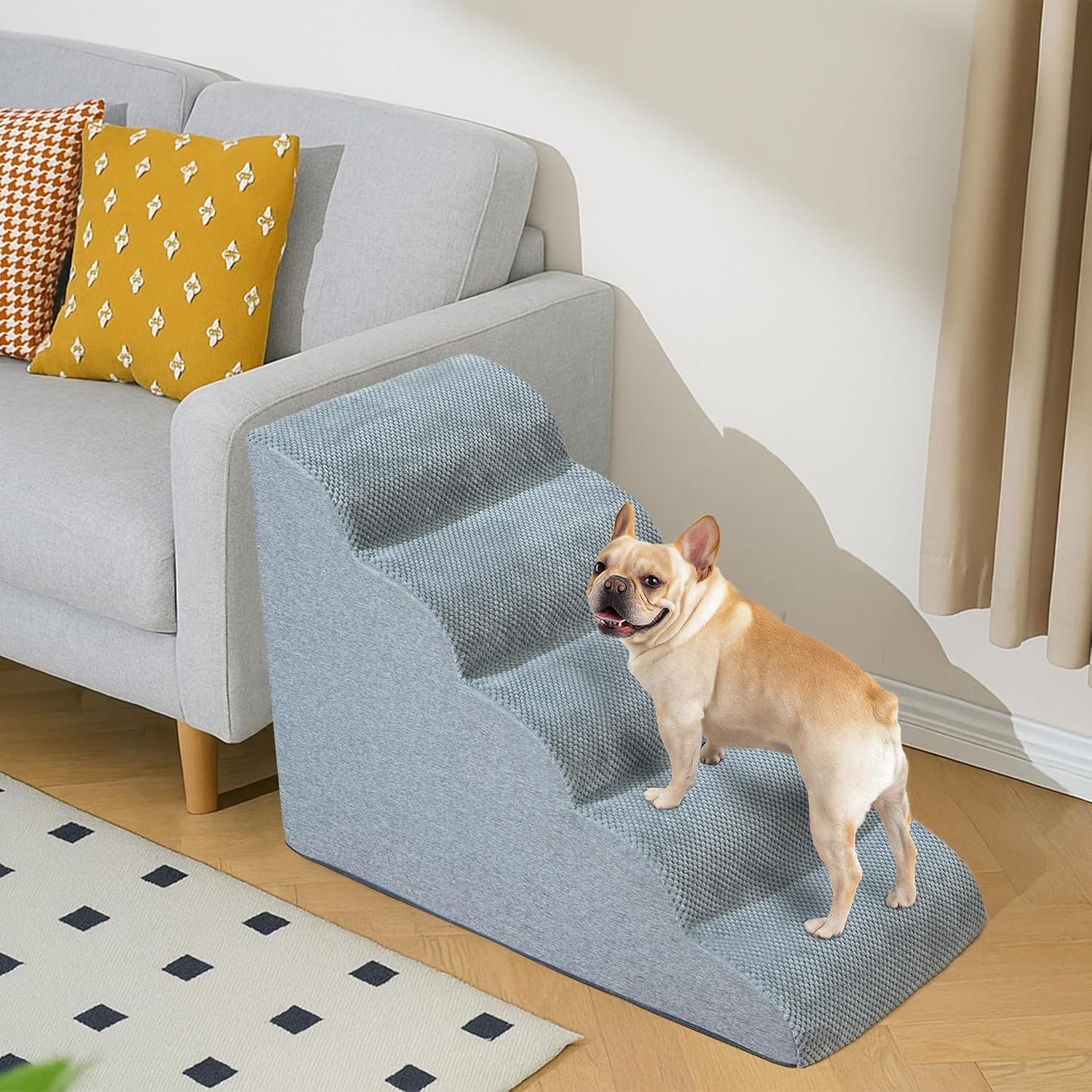 Dog Stairs, 15.7” H – 3-Step Foam Ramp for Small Dogs & Cats, Waterproof Washable Cover, Non-Slip Base, Lightweight Pet Ladder for Couch or Bed (Grey)