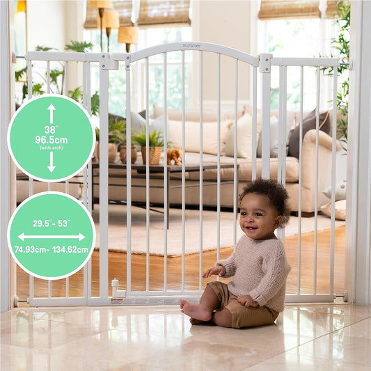 Ingenuity Extra Tall & Wide Safety Pet and Baby Gate, 29.5"-53" Wide, 38" Tall, Pressure or Hardware Mounted, Install on Wall or Banister in Doorway or Stairway, Auto Close Walk-Thru Door - White