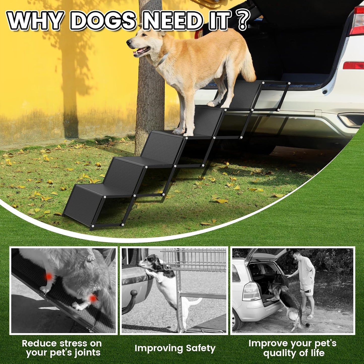 Dog ramps with 23.6" Extra-Wide - Portable 4-Dog Steps with Non-Slip Surface, 250 lbs Capacity for Large Dogs, Extra-Wide Foldable Dog Ramps for Cars, SUVs, and Trucks