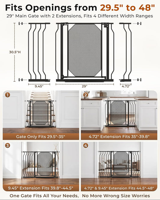 29.5-48" Baby Gate for Stairs, Child & Pet Proof, No-Drill Pressure Mount Auto Close One-Hand Operation, 30.5" Tall Indoor Dog Gate for Doorways, 4 Adjustable Sizes, Black