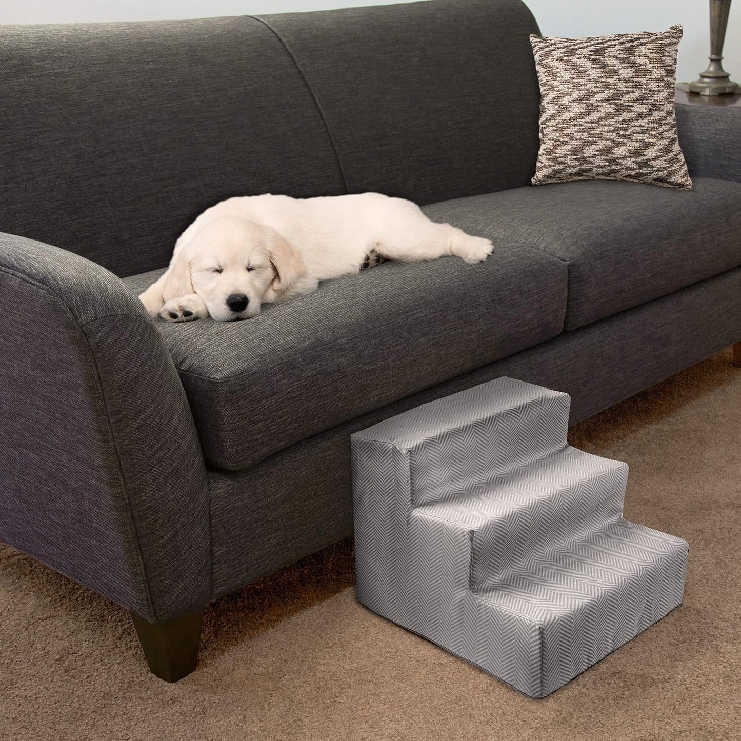 3-Step Pet Stairs - Nonslip Foam Dog and Cat Steps with Removable Zippered Microfiber Cover - 2-Tone Design for Home or Vehicle Use by PETMAKER (Tan)