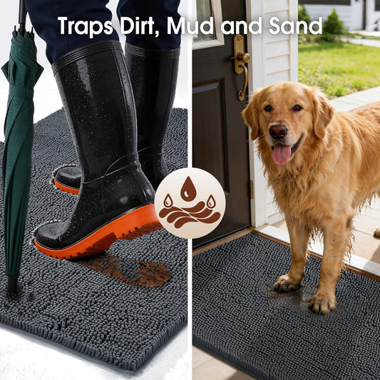 Dog Door Mat for Muddy Paws, 48"x36" Absorbent Dirt Trapper Washable Chenille Indoor Mats for Entryway, Quick Dry Non-Slip Front Door Mat, Entry Rug for Indoor and Outdoor, Grey