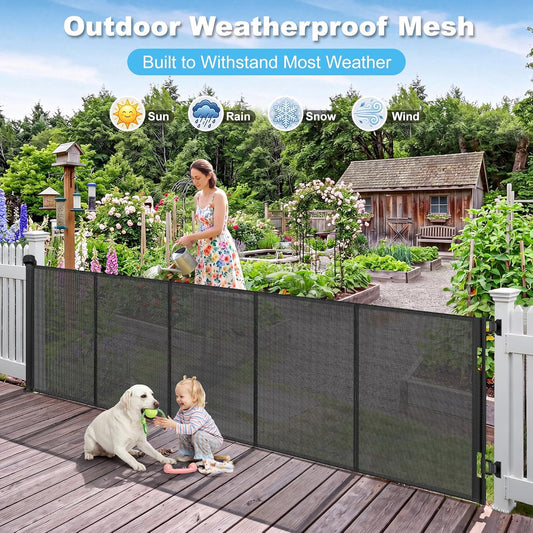 108" Wide Weatherproof Outdoor Retractable Dog Gates Extra Wide with Rust-Proof Stainless Steel Hardware& Waterproof Mesh, Reinforced 9 Ft Extra Long Retractable Baby Gate to Prevent Crawling Through