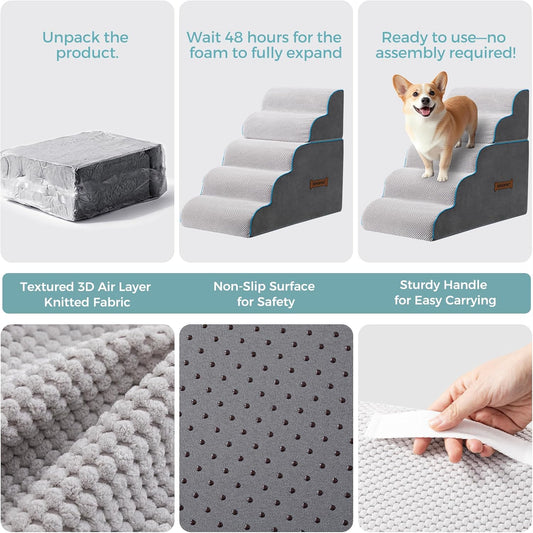 Dog Stairs, Steps and Ramp for High Bed & Sofa, 13-24" H Detachable Pet Stairs for Small Medium Dogs, Sturdy 40D Foam, Non-Slip, Washable Cover with Lint Roller, Grey