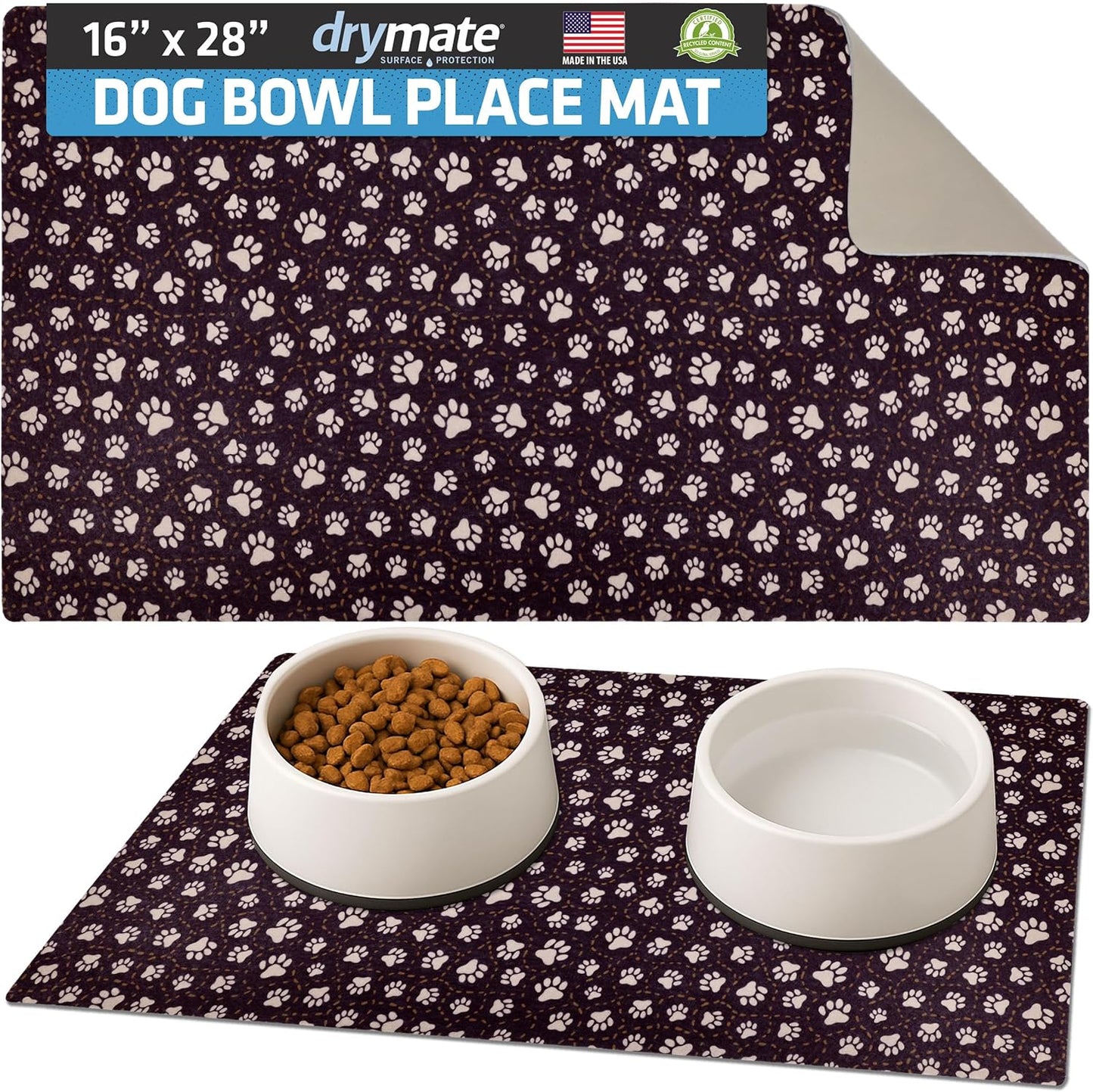 Drymate Pet Bowl Placemat, Dog & Cat Food Feeding Mat - Absorbent Fabric, Waterproof Backing, Slip-Resistant - Machine Washable/Durable (USA Made) (12” x 20”) (Indigo)