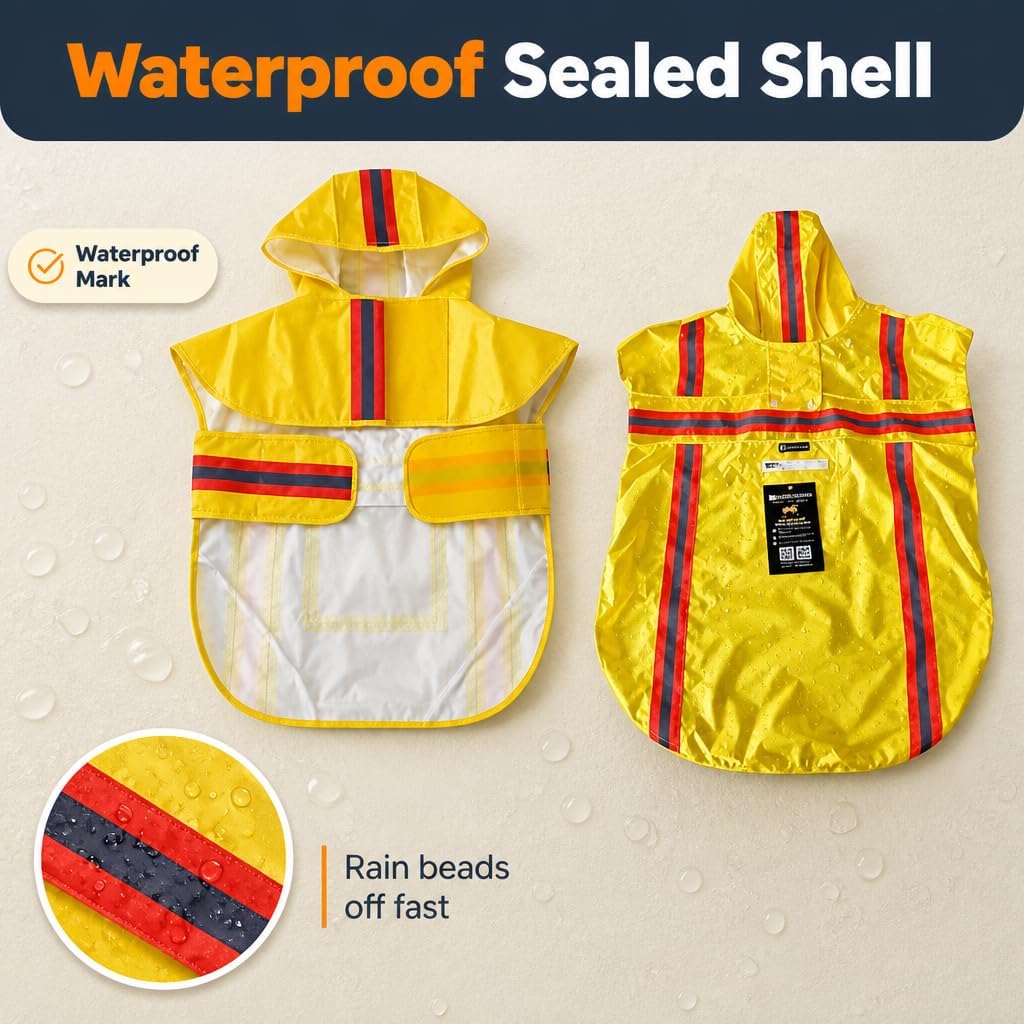 Waterproof Dog Raincoat with Two-Tone Reflective Trim, Windproof Seam-Sealed Full-Body Rain Jacket Dry Suit for XSmall to Large Dogs – Yellow (Medium)