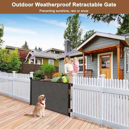 100" Wide Weatherproof Outdoor Retractable Dog Gate with No Rust Screws and Rods, Waterproof 8 Ft Retractable Baby Gates Extra Wide, Scratch-Resistant Mesh Long Baby Gates Indoor Extra Long, Gray
