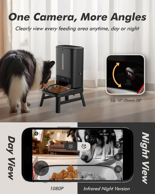 Automatic Dog Feeder for Large Breed with Camera - 15L/ 64 Cups Anti-Clog 5G WiFi Dog Food Dispenser for 2-23mm Kibble, Elevated Stand, Large Food Tray, 1080P HD Video with Night Vision, Keeps Fresh