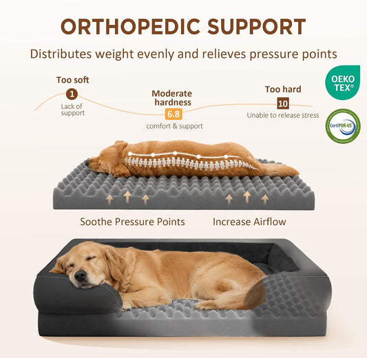 Waterproof Orthopedic Dog Bed for Extra Large Dogs | Supportive Egg Crate Foam XL Pet Bed with Removable Bolster, Dog Couch with Washable Cover & Non-Slip Bottom, 42x30 Inch - Colors A