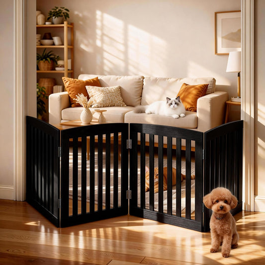 DUMOS Pet Gate for Dogs and Cats, 24 Inch 4 Panels Foldable Wooden Freestanding Dog Gate with Hinge Design, Indoor Portable Extra Wide Dog Fence Pet Barrier for Doorways, Stairs, Kitchen, Black