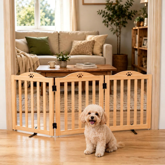 YOCAN 23.6" Tall Solid Wood Dog Gate, 4-Panel Foldable Freestanding Indoor Pet Gate with Upgraded Integrated Support Feet, No Assembly Dog Barrier for Doorways, Hallways & Stairs