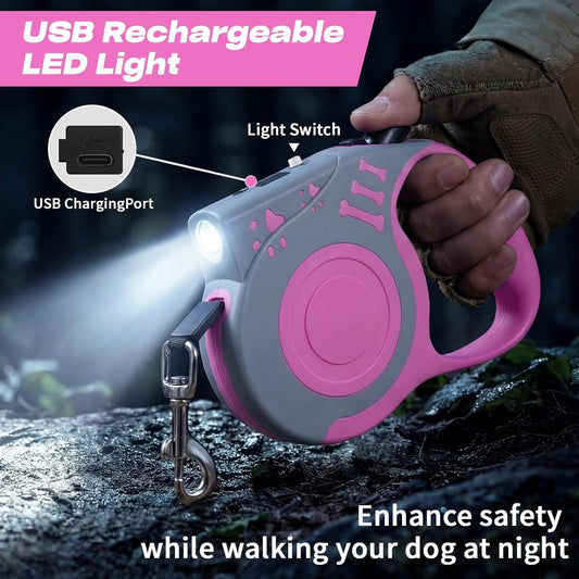 Retractable Dog Leash with USB Rechargeable Flashlight, Pink