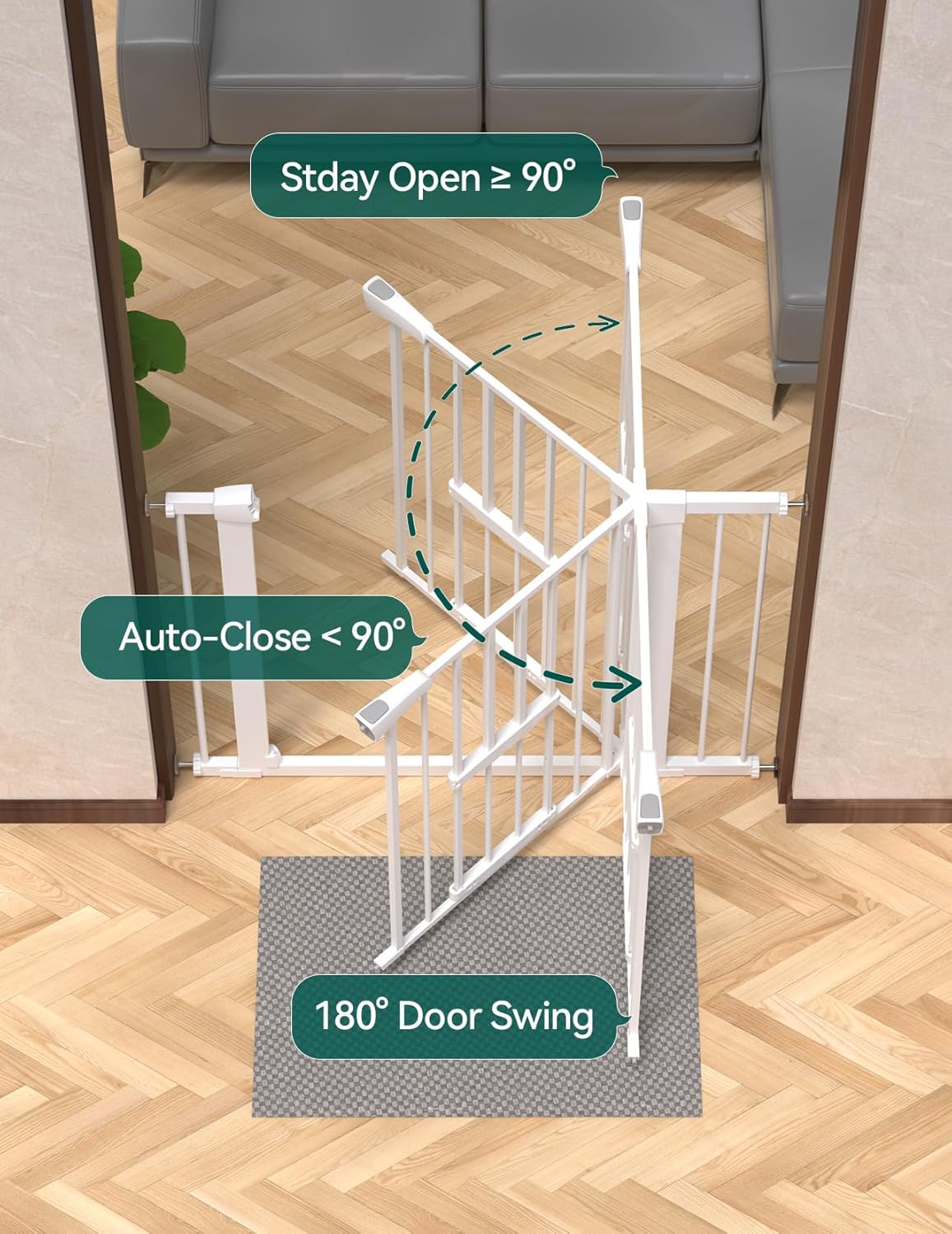36 Inch Extra Tall Baby Gate with Cat Door, 29-40" Metal Dog Gate, Cat Gate for Stairs, Doorways, Auto Close Safety Gate with Pet Door, Easy Walk Thru, White